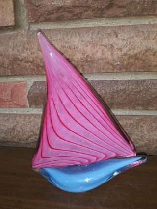 Burmuda Hand Made Studio Glass Sailboat Rose And Blue.  7 " Ht X 6 " Length.