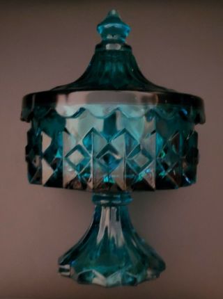 Vintage Aqua Blue Glass Diamond Pattern Lidded Footed Candy Dish
