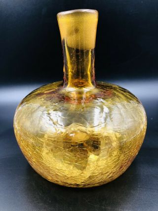 Blenko Amber Gold Yellow Art Crackle Glass Bud Vase Decanter Bottle 6” Vintage