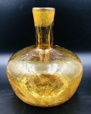 Blenko Amber Gold Yellow Art Crackle Glass Bud Vase Decanter Bottle 6” Vintage 2
