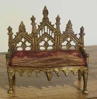 Antique Gothic Dollhouse Miniature Brass Couch Sofa Red Velvet