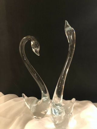 Vintage Pair Art Glass Clear Crystal Swans 9 " & 11 " Tall