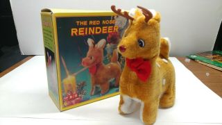 Vintage B/o Musical Red Nose Reindeer Walks Wags Tail Nose Lights Up Christmas