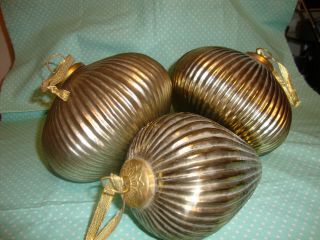 3 Finial Heavy Ribbed Art Glass Hand Blown Christmas Ornaments Gold Teardrop 5 "