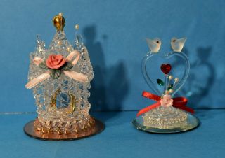 Spun Hand Blown Glass Miniature Castle & Love Birds In Heart