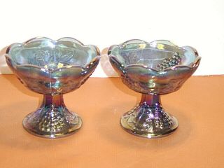 Pair Indiana Glass Blue Carnival Harvest Grape Footed Taper Candle Holders
