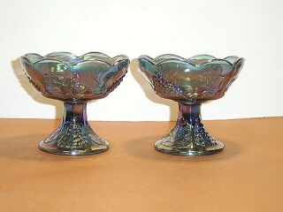 Pair Indiana Glass Blue Carnival Harvest Grape Footed Taper Candle Holders 2