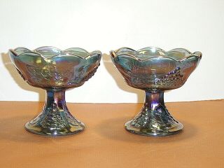 Pair Indiana Glass Blue Carnival Harvest Grape Footed Taper Candle Holders 3