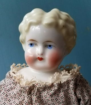 Antique German China Head 14 " Doll Blonde Hair &nice Tiny Print Cotton Dress