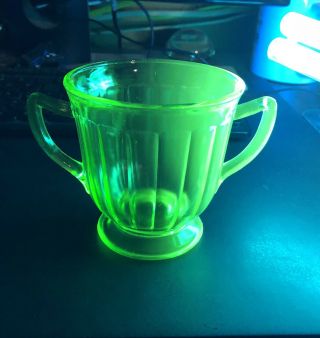 Vintage Depression Glass Green Vaseline Uranium Open Sugar Bowl Paneled Design