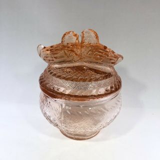 Vintage Pink Depression Glass Love Birds Nesting Hens Covered Candy Dish