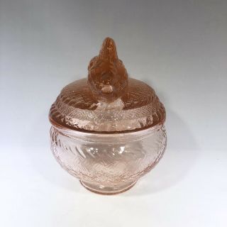 Vintage PINK DEPRESSION GLASS Love Birds NESTING HENS Covered Candy Dish 2