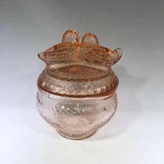 Vintage PINK DEPRESSION GLASS Love Birds NESTING HENS Covered Candy Dish 3