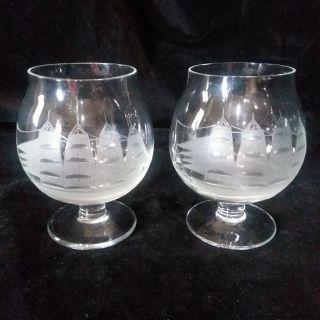 2 Toscany Brandy / Cognac Crystal Snifter Glasses Etched Nautical Clipper Ship