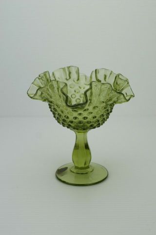 Vintage Fenton Green Hobnail Ruffled Edge Compote Candy Dish