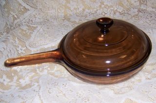 Vision Corning France Amber Glass Waffle Bottom Fry Pan Skillet 7 " With Lid