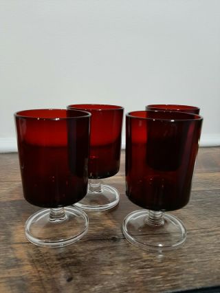 Vintage French Luminarc Ruby Red With Clear Glass Stem 4 " High Set Of 4