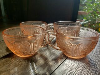 Set Of Four Vintage Jeanette Cherry Blossom Teacups Pink Depression Glass
