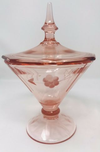 Vintage Pink Depression Etched Glass Candy Dish With Lid