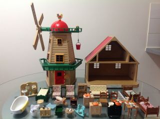 Sylvanian Families Vintage Windmill & Red Roof House With Furniture & Accessorie