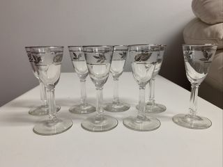 Vintage Libby Silver Leaf Cordial Glasses Set Of 8 Stemmed Frosted 4 1/4 Inches