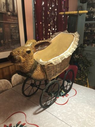 Vintage Bunny Rabbit Stroller Doll Carriage Pram Wood Carved With Wicker Basket