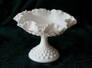 Fenton White Milk Glass Hobnail Footed Ruffle Crimped Edges Candy Dish Compote