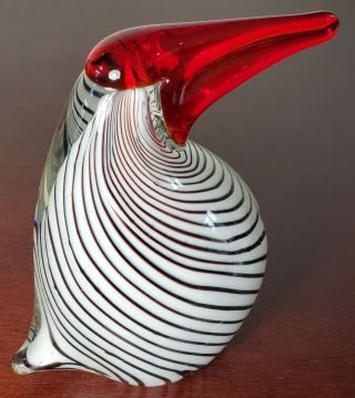 Murano Penguin Red Head White Body With Spiraling Stripes.  Cool Colors And Shape