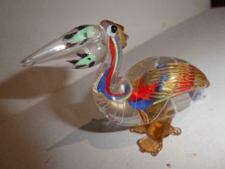 Murano - Style Art Glass Blown Glass Colorful Pelican With Fish In Mouth - Figurine