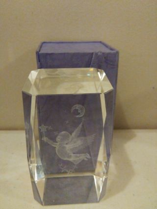 3d Laser Etched Cherub With Moon Crystal Glass Cube Paper Weight 3 " Tall