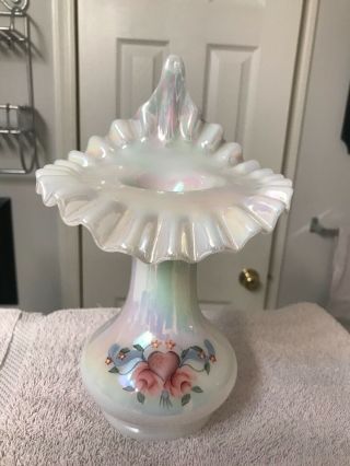 Vintage 9 " Fenton Glass Iridescent Jack In The Pulpit Vase Hand Painted