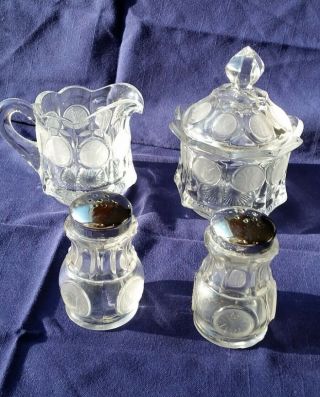 Fostoria Coin Crystal Glass Sugar Bowl,  Creamer,  Salt And Pepper Shakers,  Clear