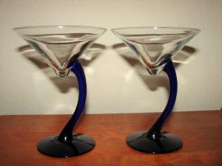 Libbey Elegant Bravura Cobalt Blue Curved Stem Art Deco Martini Glasses Set 2