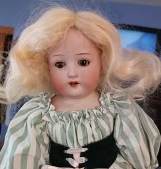 Antique 16 - Inch Heubach - Kopplesdorf 275 9/0 Doll In Green Striped Dress 9
