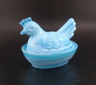 Miniature Turquoise Blue Opaque Swirl Milk Glass Hen On Nest Chicken In A Basket