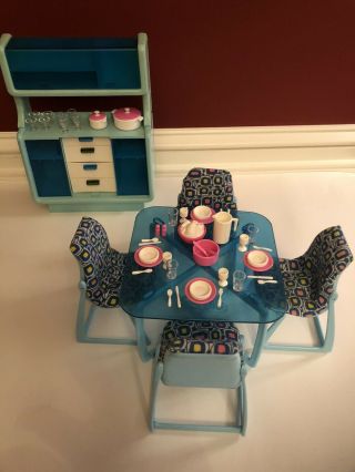 Vintage 1977 Barbie Dream House Blue Dining Room Table Hutch Buffet Plates Cups