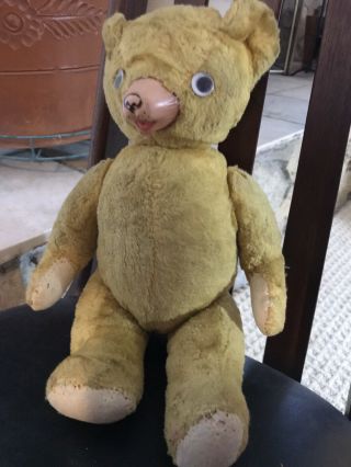 Golden Fully Jointed Antique Teddy Bear,  13 1/2”,  Rubber Nose,  Google Eyes