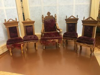 Antique Dollhouse Sized Wooden Parlor Set With Four Chairs & Captains Chair
