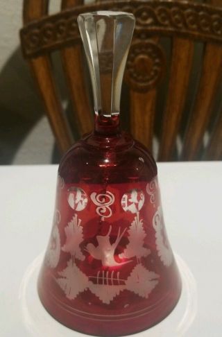 Antique Bohemian Crystal Ruby Red Overlay Cut To Clear Etched Bell 5 1/2 " Tall