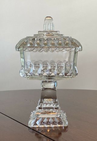 Vintage Jeanette Glass Square Pedestal Candy Dish Wedding Cake Box Clear