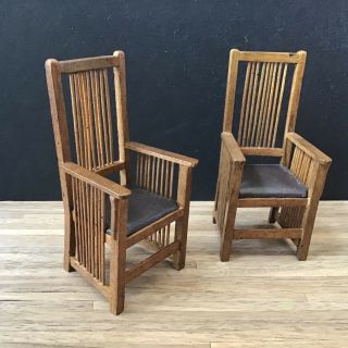 Bespaq Arm Chairs Set / 2 - Arts And Crafts Mission Style 1:12 Scale Miniature