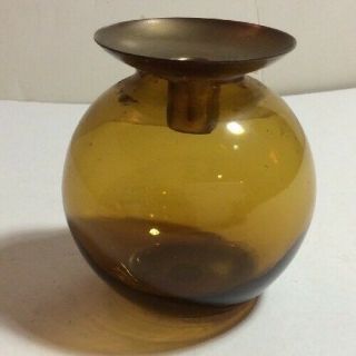 Rare Vintage Mid Century Modern Sweden Amber Glass Round Bottle Candle Holder