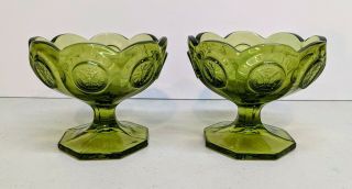 2 X Vintage Fostoria Green Coin Glass Footed Bowl Jelly/jam Compote Candy Dish