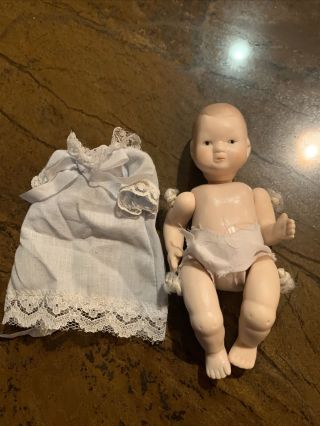 Antique German Cute Bisque Jointed Small Baby Boy Doll Rope Tie Blue Gown 5’ (c)