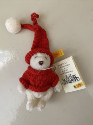 Steiff Mohair Teddy Bear | Red Knit Christmas Ornament | 030000 | With 3 Tags