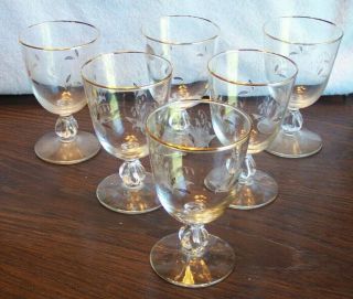 6 Vintage Libbey Glass Water Goblets W/ Clove Stem & White Gold Etched Flowers