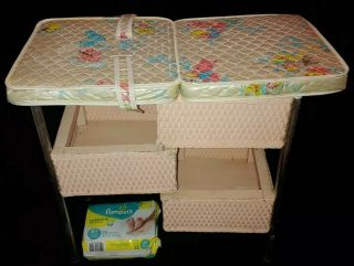 Vintage Badger Toys Foldable Pink Wicker Doll Changing Table W Pad,  Diapers Cute