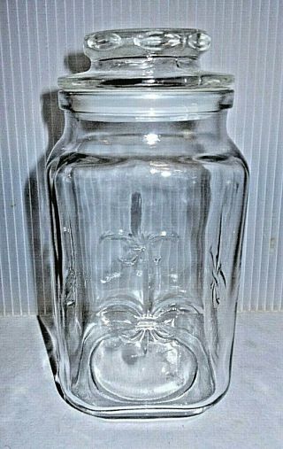 Mid Century Vintage Anchor Hocking Glass Fleur De Lis Square Canister Jar