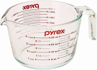 Pyrex Red Letter Glass Measuring Cup Mixing Bowl 4 Cup 32 Ounce 1 Quart 1 Liter