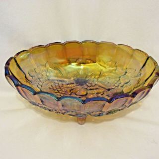 Vintage Indiana Glass Iridescent Amber Oval Footed Bowl Embossed Fruit